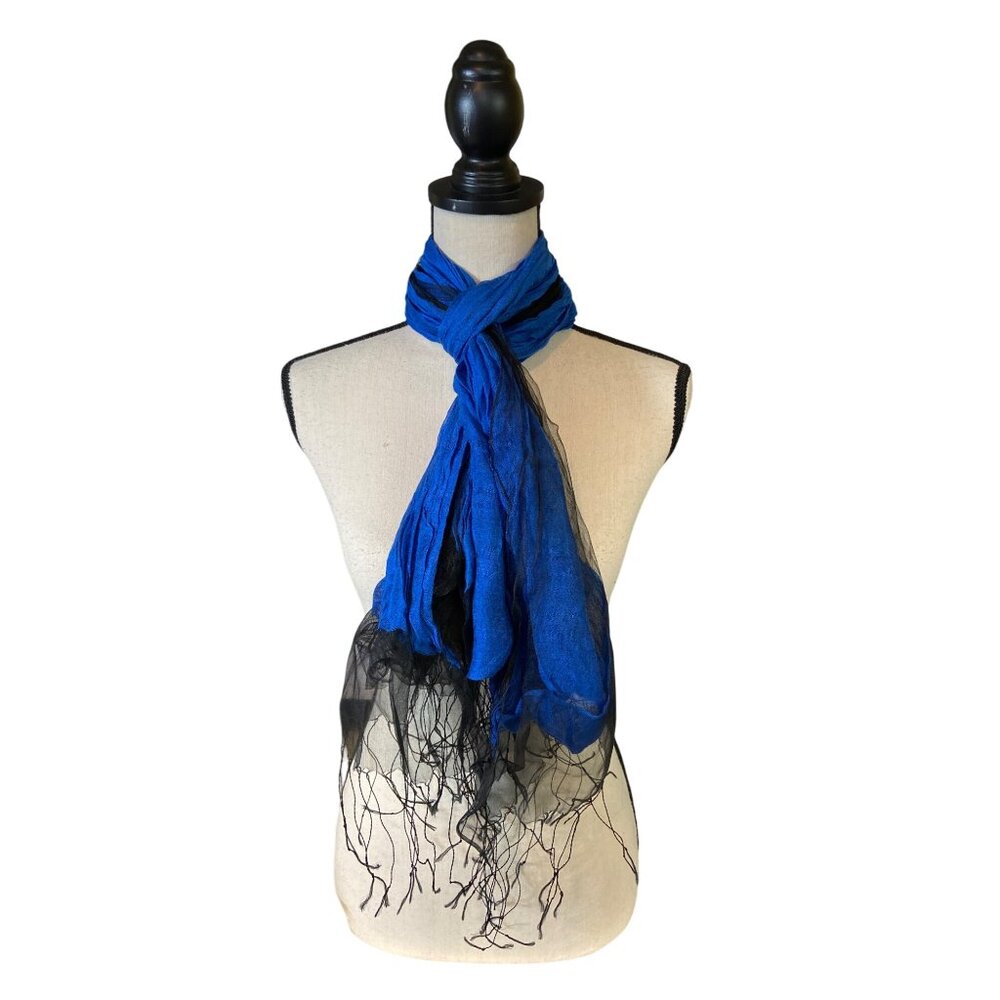 Womens Crinkle Scarf Sheer Blue Black Fringe Leightweight Grunge Whimsigoth